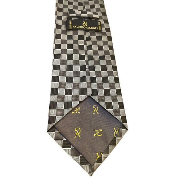 Valerio Garati Pure Silk Hand Made Square Pattern Tie Mens Necktie Black Gray - Picture 6 of 12